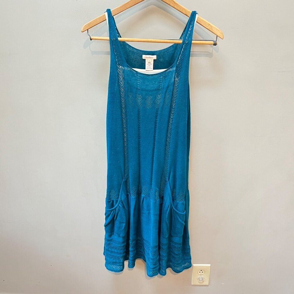Sundance S Blue Sleeveless Knit Dress With Pockets 95% Linen &‎ 5% Cotton Shell